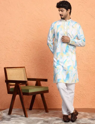 Cotton Silk Tie Dye Printed White Kurta